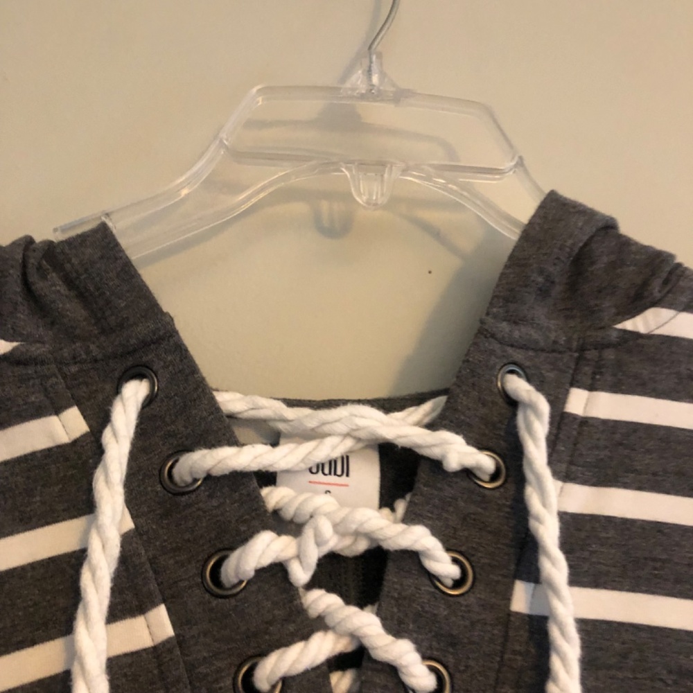 CAbi Windward Hoodie Top Striped Lace Up in Gray White 5324 - Picture 2 of 9